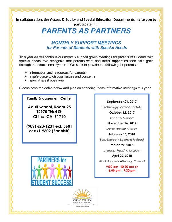 Parents as Partners Monthly Support Group Fllyer in English